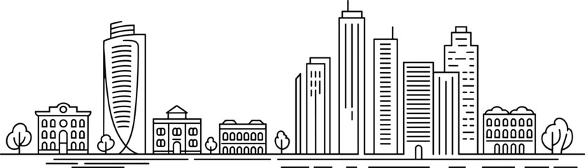 Modern cityscape, urban skyline, architectural line art, building outline, black vector, city illustration, skyline design, minimalist drawing, urban landscape, city view