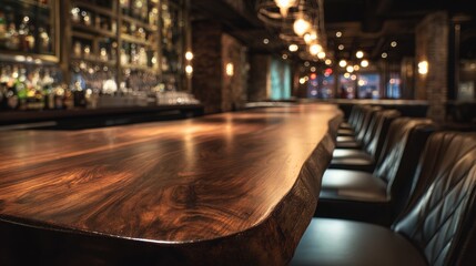 Dark walnut tabletop with blurred upscale bar background
