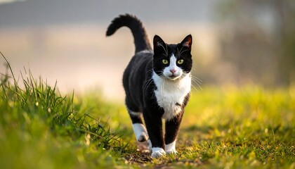 Majestic feline strolls through sunlit meadow