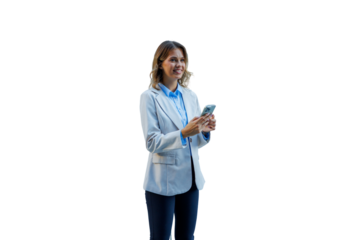 Professional businesswoman smiling and using smartphone for communication, networking, and digital technology on transparent background