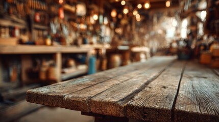 Fototapeta premium Vintage wood table with artisan workshop interior. Blurred background