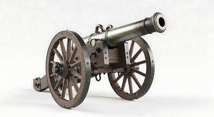 A detailed studio photograph of an antique cannon with wooden wheels and metal barrel.