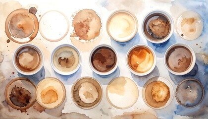 Watercolor coffee cups with stains