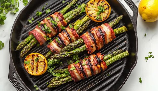 Grilled asparagus bundles wrapped in bacon in black cast iron grill pan, grilled lemon halves with char marks, fresh herbs, cooked on white marble kitchen counter