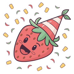 A happy strawberry wearing a party hat surrounded by confetti