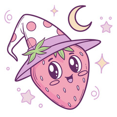 A cute strawberry wizard with a polka dot hat and magical background