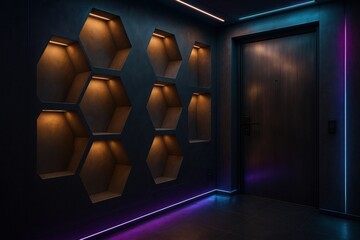 Modern Interior Design with Hexagonal Shelves and Ambient Lighting