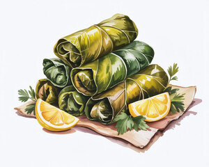 Savory stuffed grape leaves, a classic Mediterranean dish, in a vibrant watercolor style with fresh lemon