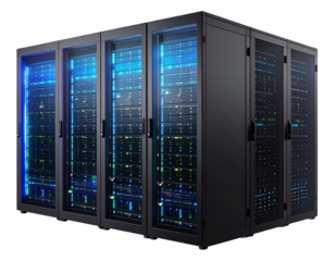  Futuristic Data Server Rack with Glowing LED Panels, PNG Transparent.