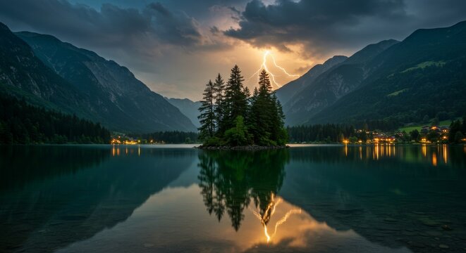 Stormy Alpine Lake with Rocky Island and Lightning in Dramatic Cloudy Sky Reflected on Calm Water Surrounded by Green Mountains and Glowing Village Lights