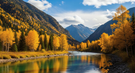Fototapeta premium Autumn landscape in the mountains, colorful forest, golden trees, river reflecting the sky, crisp air feel, serene and majestic, ultra realistic