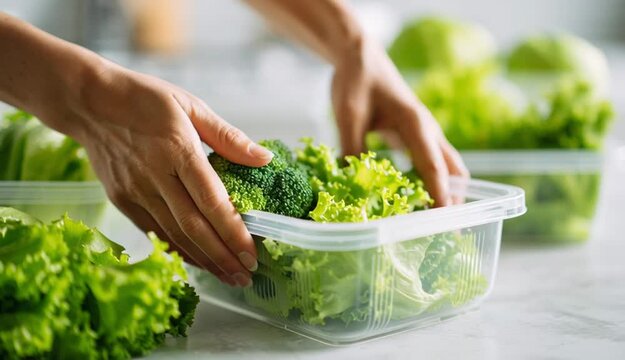 Close-up photo of hands placing fresh green vegetables into a clear plastic storage container, broccoli and leafy lettuce being organized in transparent food container - Powered by Adobe