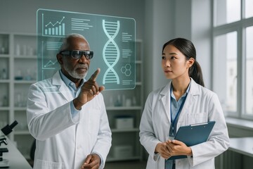 Diverse scientists in lab coats analyze holographic DNA and data charts on a modern digital display