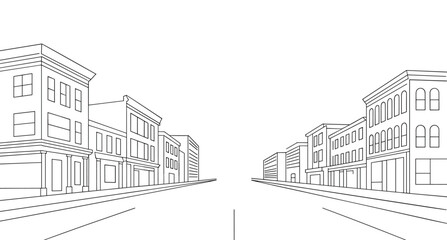 One-point perspective, city street drawing, architectural sketch, urban depth, black and white, building lines, vanishing point, hand-drawn 