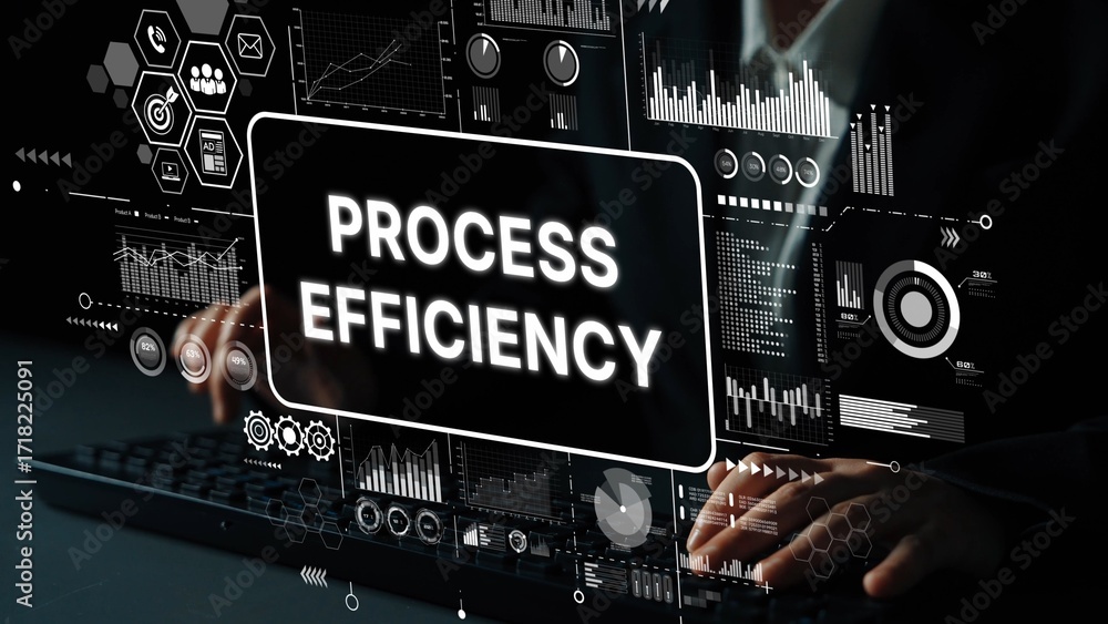 Poster focused hands on keyboard with digital interface highlighting process efficiency and data analysis c