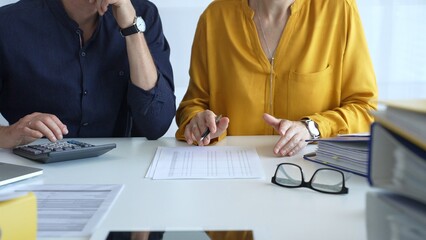 Professional accountants collaborating in a well lit office, analyzing financial data and...