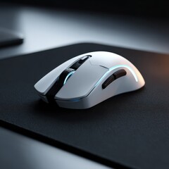 Sleek white gaming mouse with glowing blue LED lights on a black textured mousepad.