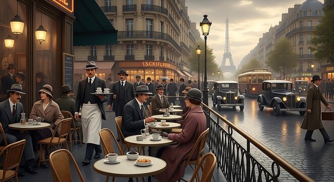 Parisian Cafe Scene - A Glimpse into 1920s Parisian Life.