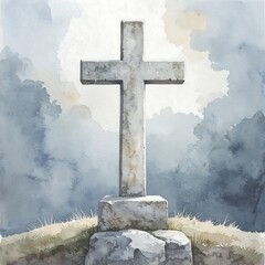 Watercolor cross on a hill