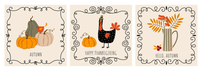 Painted autumn illustrations in decorative frames. A set of postcards with pumpkins, turkey and autumn bouquet. Autumn mood. thanksgiving day. Flat design. Greeting cards, posters, banners.