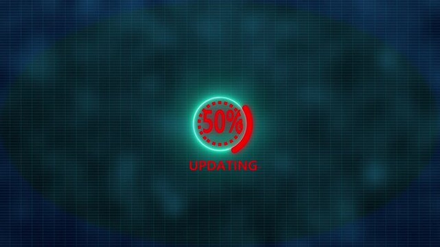 Glowing red and green progress circle at 30 percent updating on a dark grid background with soft lights