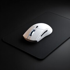 Sleek white wireless gaming mouse with a glowing blue scroll wheel on a black mousepad.