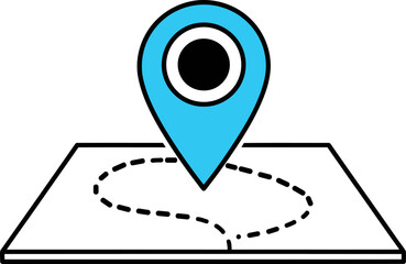 Blue map pin icon on a white background with a dashed route line location marker navigation