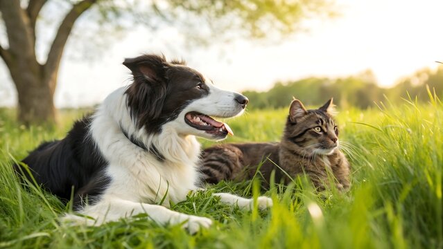 Border collie dog and tabby cat resting together in the grass on a sunny day