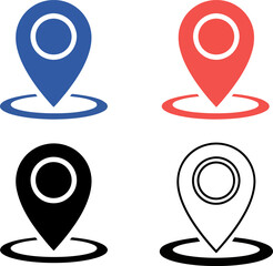 Four different colored and styled map pin icons on a white background location marker navigation