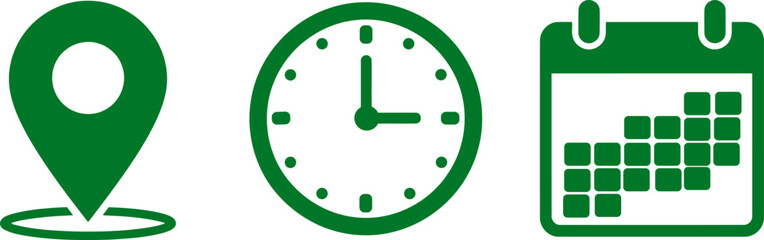 Green Location Clock and Calendar Icons on White Background location pin map marker
