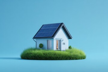 Small modern house with solar panels on a floating patch of green grass against a plain blue background.