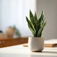 Snake Plant in Ceramic Pot on White Table