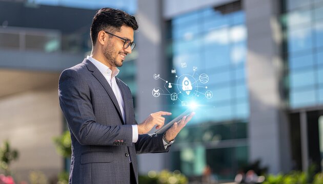 Smiling businessman managing his company with innovative cloud technology and a futuristic digital interface on a tablet