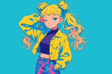 ウインクをする金髪の漫画スタイルの若い女性、明るい色の背景