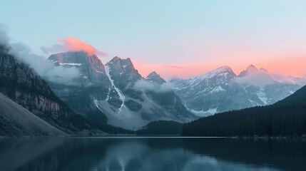 Mountain landscape with pink clouds reflecting on calm lake during twilight