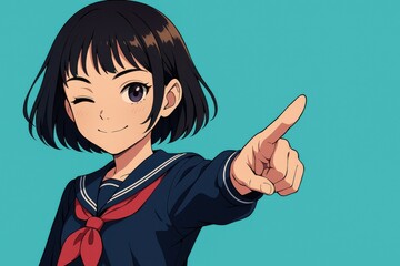 アニメスタイルの女子学生がウインクして指を指すイラスト