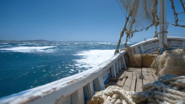 A weathered fishing boat deck with coiled ropes and nets, set against sunlit ocean waves and a crisp blue sky.