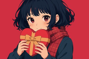 赤い背景にハートのギフトボックスを抱えるアニメの女の子