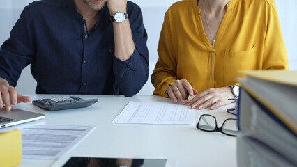 Professional accountants collaborating in a well lit office, analyzing financial data and...