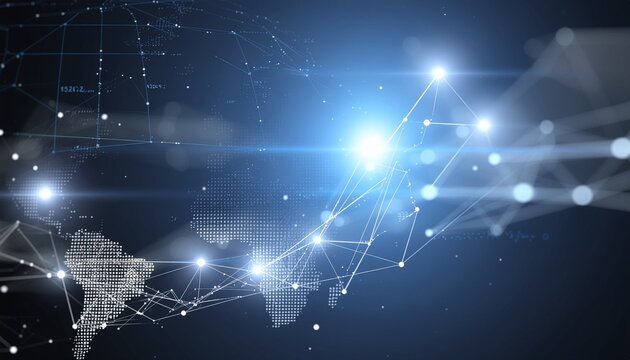 Abstract global digital network visualization with interconnected glowing lines and luminous data points, symbolizing advanced technology, worldwide communication, and the future of connectivity