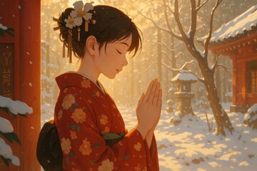 雪の降る神社で祈る着物姿の若い女性