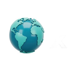 Stylized 3d earth globe with continents in shades of blue and green isolated on transparent background
