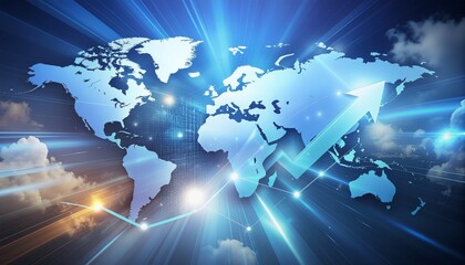 Global business and technology concept with a world map, glowing data connections, and an upward arrow showing financial market growth