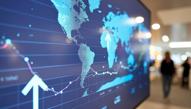 Futuristic digital screen displaying global economic data with a rising stock market chart and an upward arrow, representing successful international business growth