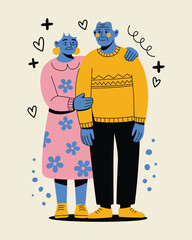 Cute Elderly Couple – Happy Seniors Together, Old Man and Woman as Spouses, Vector Doodle Cartoon Illustration in Flat Style