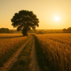 A lone tree stands beside a dirt path winding through a golden wheat field at sunset