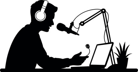 Black silhouette man with headphones talking into microphone