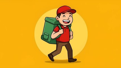 Happy delivery man carries a green backpack.