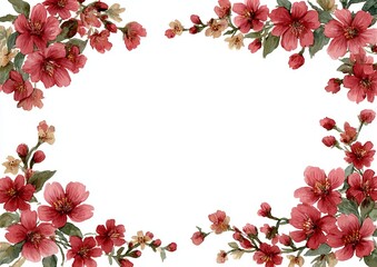 Fototapeta premium Watercolor Red Cherry Blossoms Border on White Background