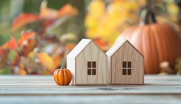 Two small wooden house models on rustic wooden table, miniature houses with windows and roofs, one light wood one darker wood, blurred autumn pumpkins and fall foliage in background
